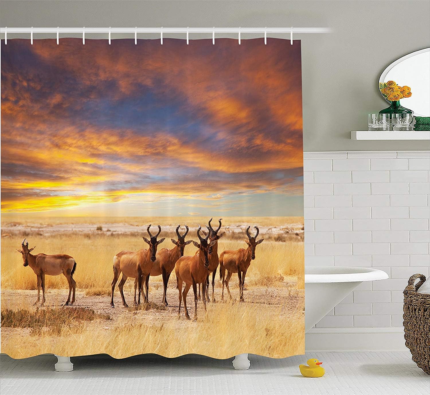 ziHeadwear Safari Shower Curtain, Antelope Crowd on Grassland at Sunset
