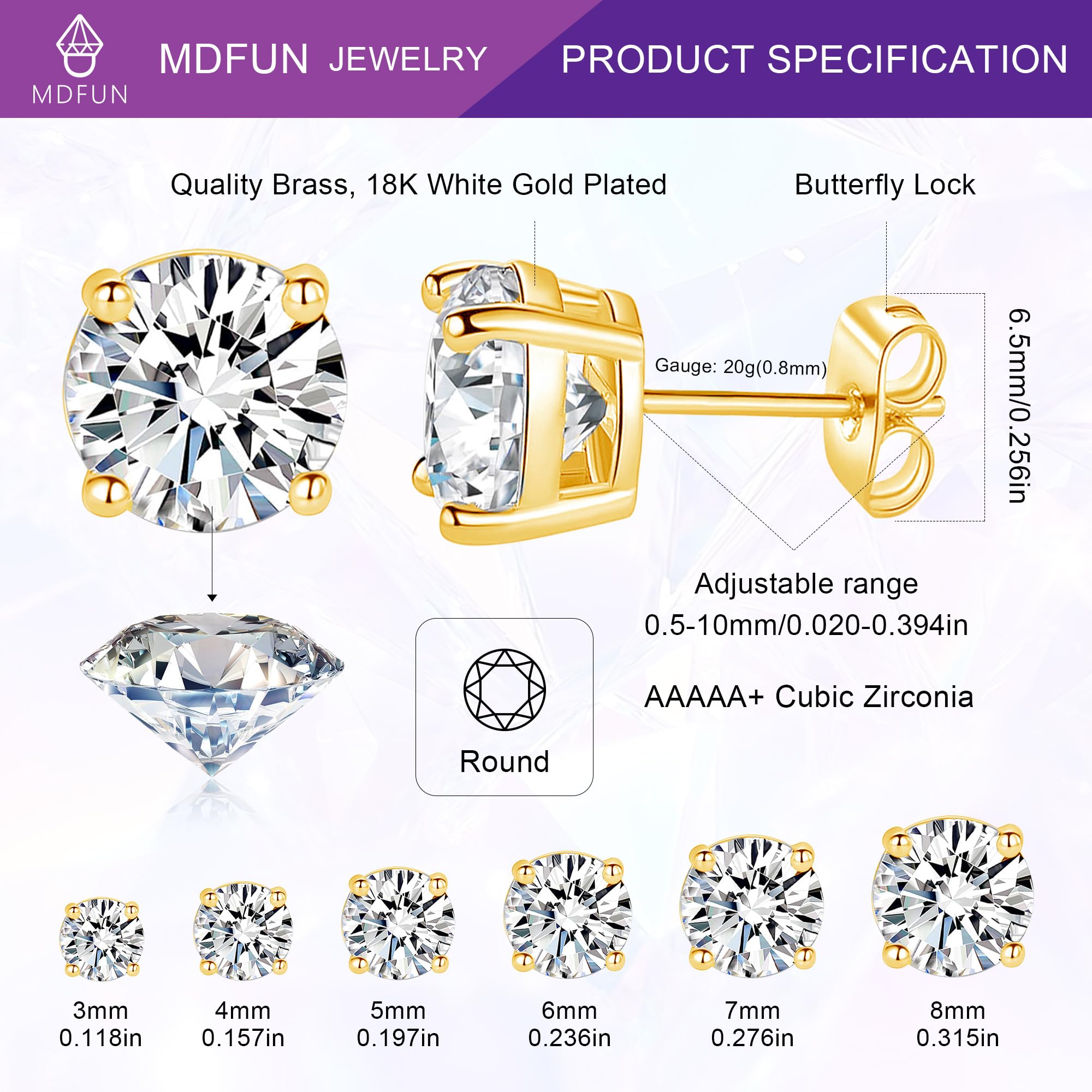 6 Pairs 14K Yellow Gold Plated Round Cut Clear Cubic Zirconia Stud Earring Pack