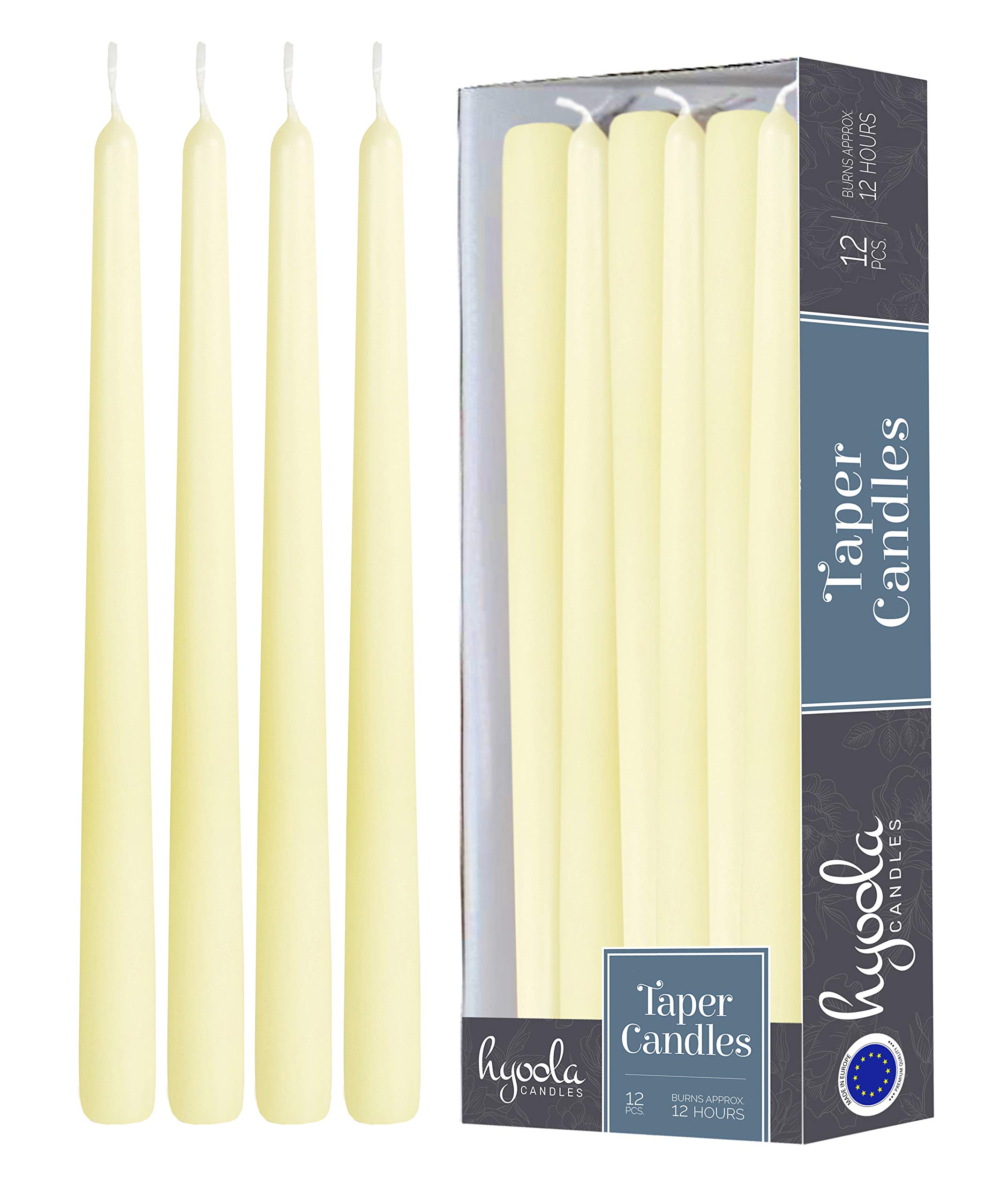 Hyoola Ivory Taper Candles - 350 mm (14 Inch) Unscented Dripless Taper Candles - 12 Hour Burn Time - 12 Pack
