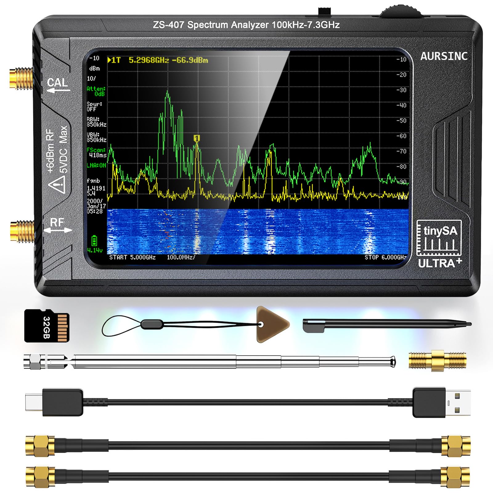 Photo 1 of AURSINC Tinysa Ultra+ ZS407 Spectrum Analyzer, 4.0 Inch 100kHz-7.3GHz Tinysa Handheld Frequency Analyzer, 2-in-1 RF Signal Generator 100kHz to 900MHz MF/HF/VHF UHF Input, HW V0.5.4 2025 Upgraded
