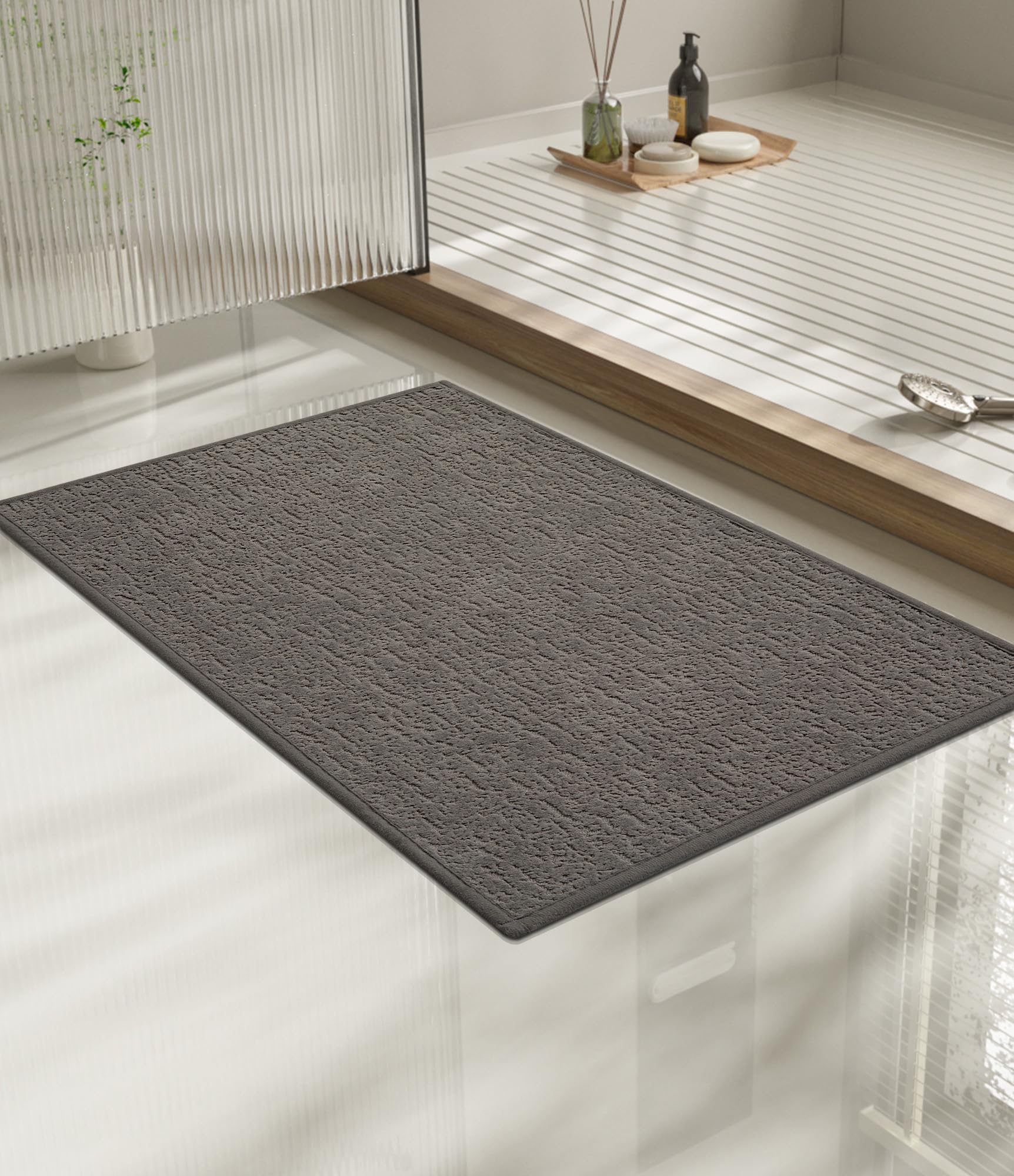 Photo 1 of chakme Bathroom Rugs Mat 24x17, Ultra Thin Non Slip Bath Mat Small Quick Dry Absorbent Bath Mat for Bathroom Floor, (Grey, 24"x17")