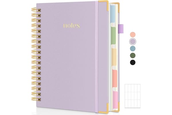 SKYDUE Hardcover Spiral Notebook, 300 Pages 8" x 10" College Ruled Notebook for Work with Dividers & Pockets, 5 Subject Notebook Journals for Women, Double Wire Bound, Tab Stickers Included, Purple