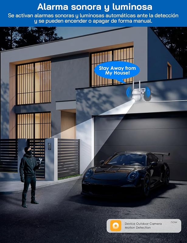 Câmara de segurança exterior 2K 3MP, câmara WiFi PTZ de 360°, visão noturna a cores, deteção por IA, alarme de som e luz, resistência ao tempo IP65, funciona com Alexa e Google