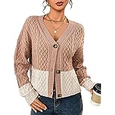 BB&KK Cropped Cardigan for Women Fall Color Block Button Up 2025 Long Sleeve Chunky Knit Open Front Sweater Outfits