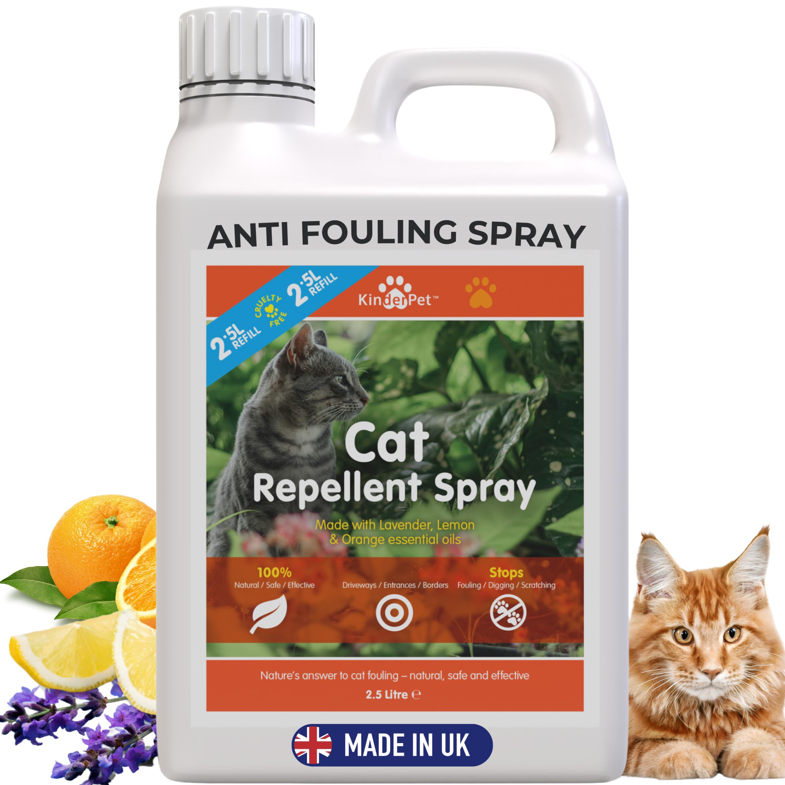 KinderPet® Cat Repellent Stop Cats Big Value 2.5L Refill Anti Fouling Cat Deterrent Stop Fouling Pooping Peeing Urinating Scratching Lavender Lemon Orange