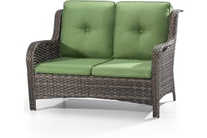 Joyside Outdoor Patio Wicker Loveseat Sofa - 2-Seater Rattan Sofa for Outside Patio Garden with Deep Seating and Olefin Cushions(Mixed Grey/Green)
