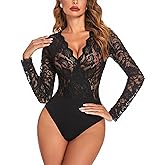 Avidlove Lace Bodysuit for Women Sexy Long Sleeve V Neck Body Suits Going Out Tops Snap Crotch One Piece Teddy Lingerie