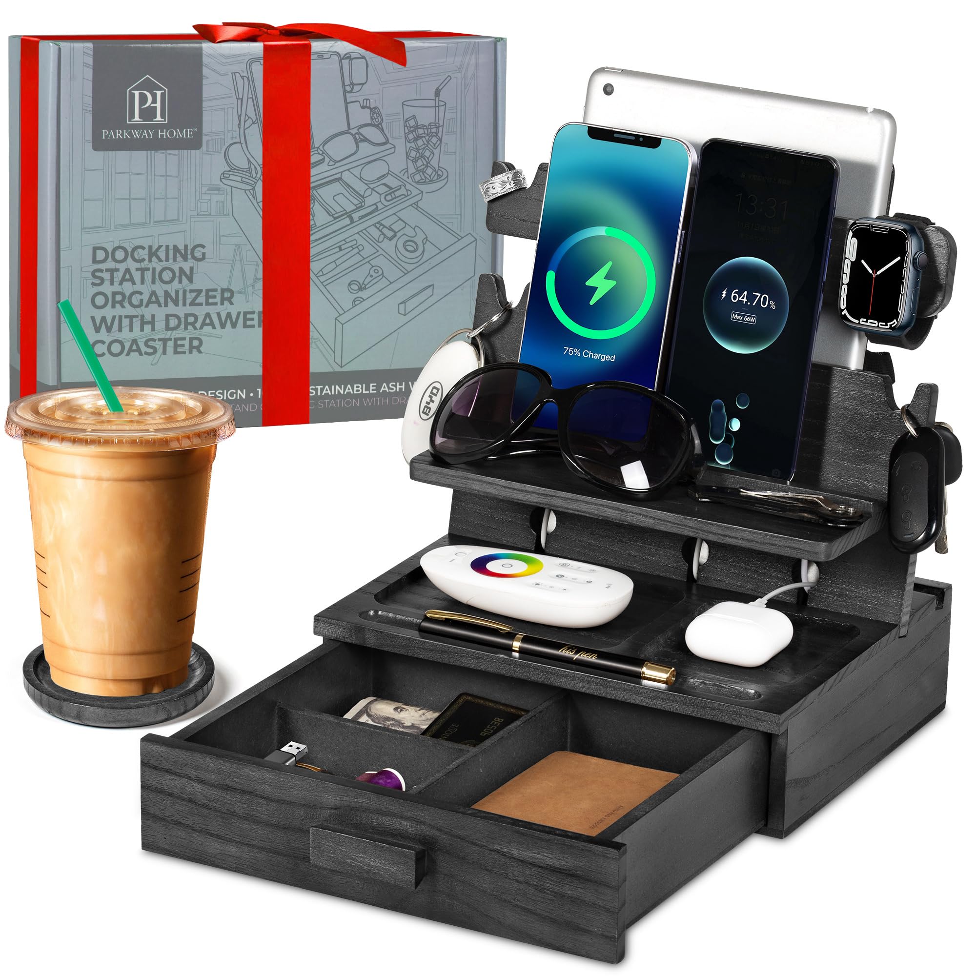 Photo 1 of Black Wood Phone Docking Station for up to 3 Phones - Nightstand Organizer with Drawer for Valuables for Men & Women, Compatible With Apple Watch, Holds Phones, Tablets, Keys, Rings, Glasses, EDC