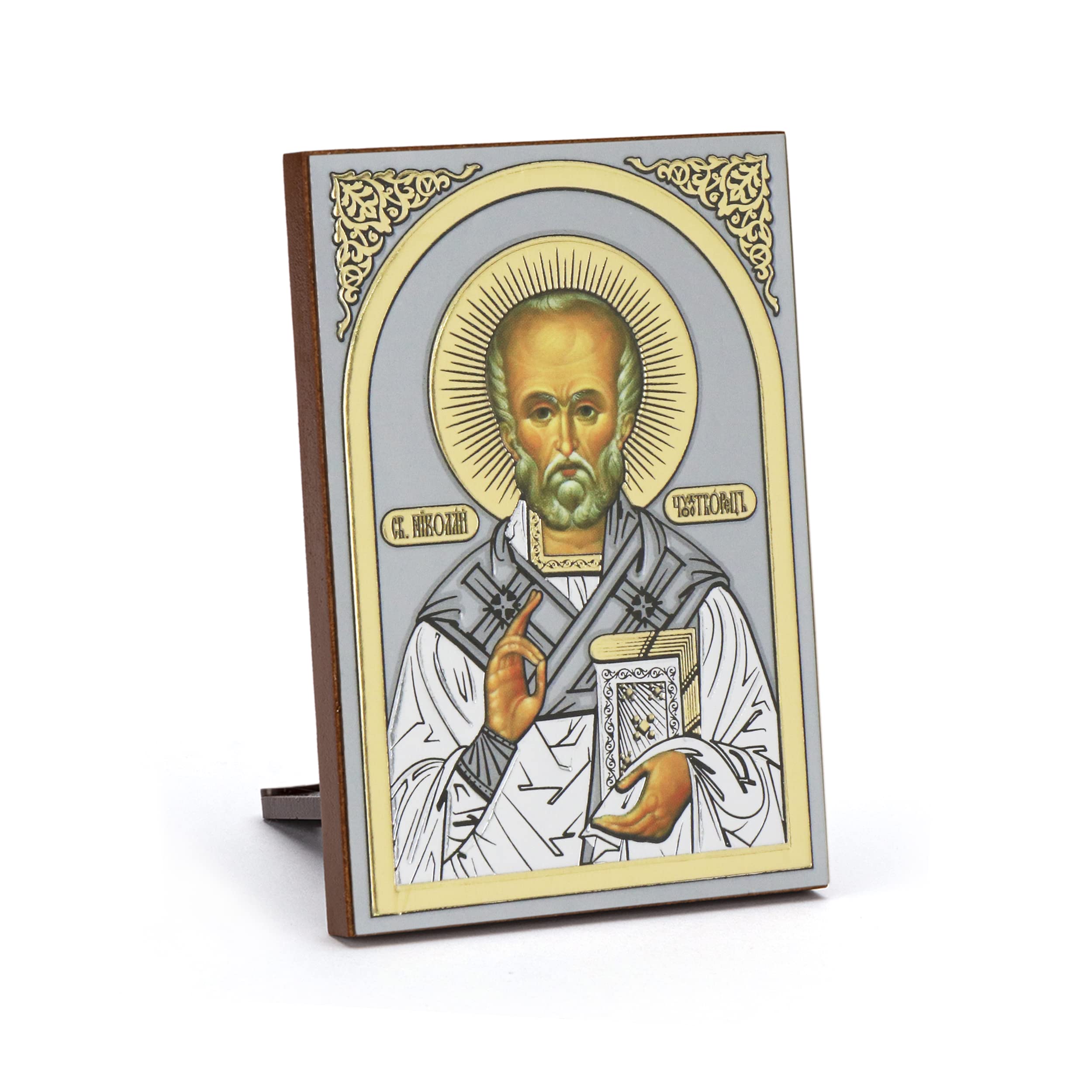 NKlaus 11079 Wooden Icon Saint Nicholas 6 x 8.5 cm Christian Art Print with Gold Embossing