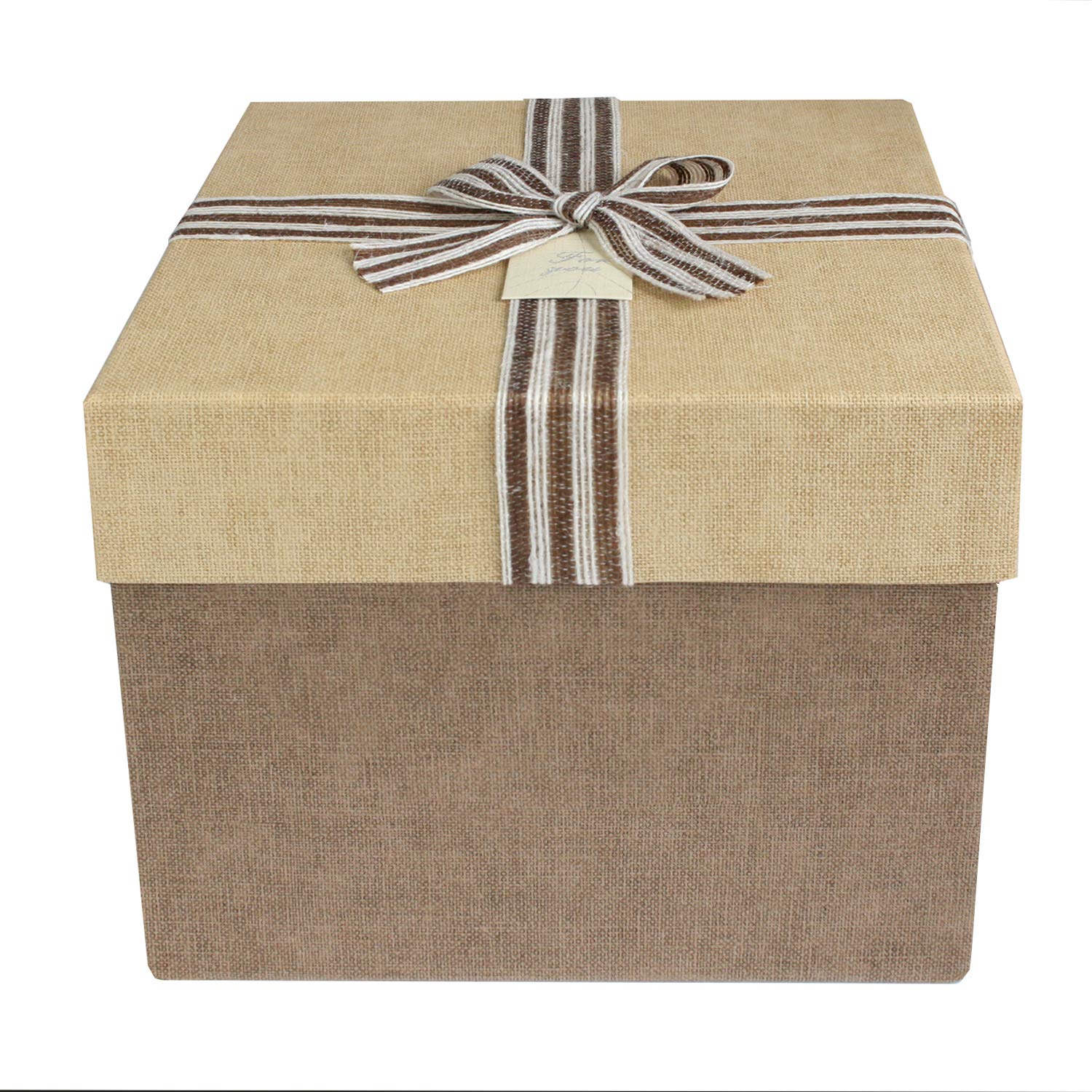 Emartbuy Gift Box, 23 x 23 x 21 cm, Dark Brown Box and Two Tone Striped Jute Decorative Bow Ribbon