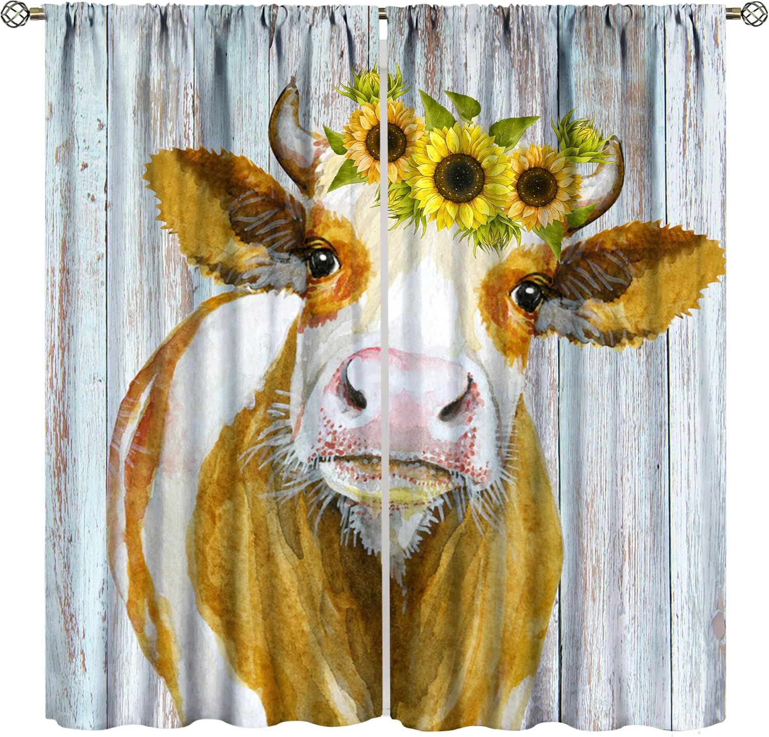 Outdoor Curtains - Farm Highland Cow Curtains,Country Style Cow Rustic Woodern Sunflower Rod Pocket Window Treatment for Bedroom Living Room 21x45in,2 Panel Set