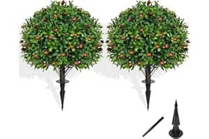 Grooy Artificial Boxwood Topiary Tree with Olive, Set of 2 Artificial Shrub Bushes with Ground Spike, Fake Evergreen Tree for Porch, Artificial Plants for Outdoor Planters Indoor UV Resistant