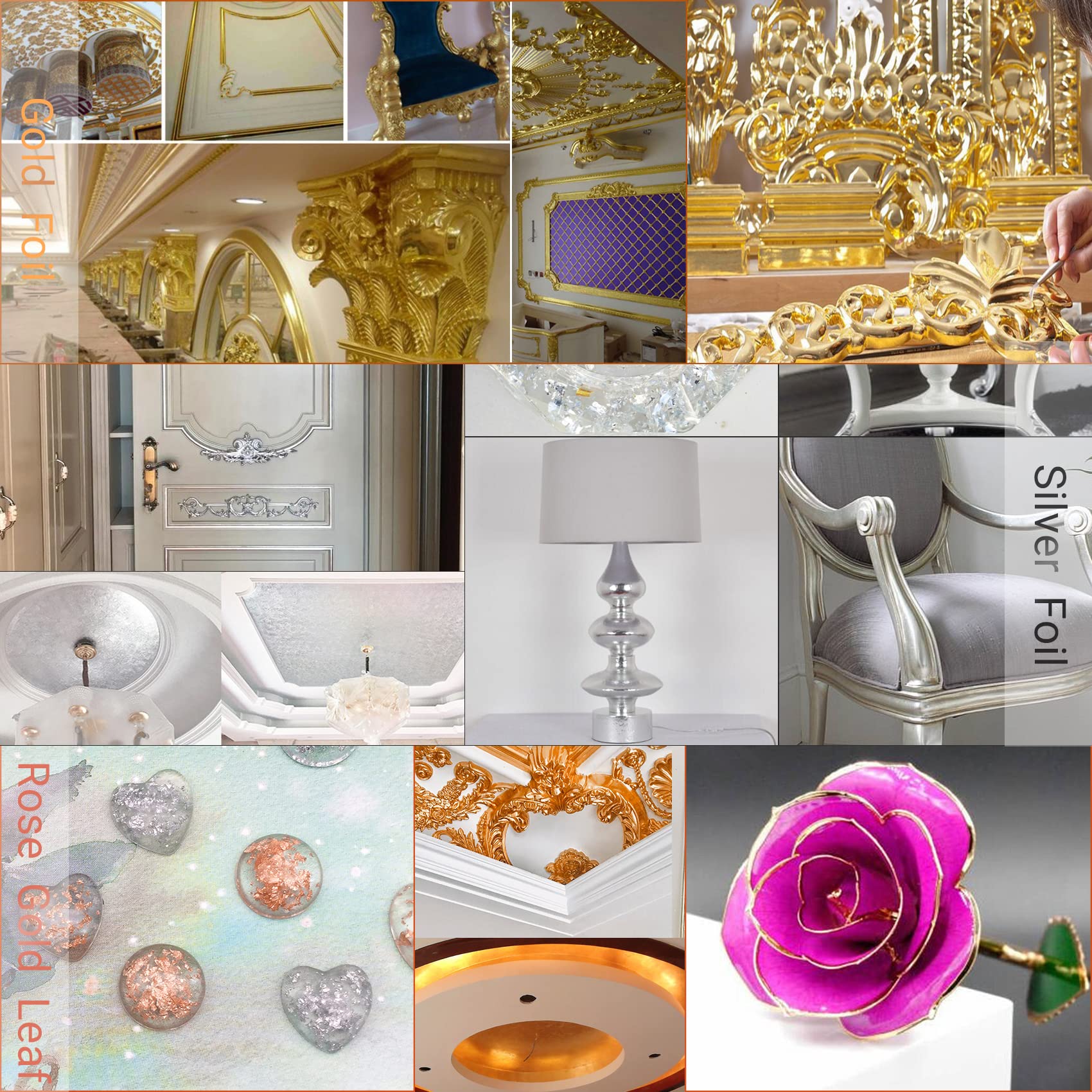 Yuegit 300 Pieces Imitation Gold Leaf Sheets : Gold Foil Sheets for Resin, DIY Art, Gilding Crafts, Paintings, Nail Art, Frames, Home Decoration 5.5X5.5 Inch (Gold,Silver,Rose Gold Each 100 pcs)