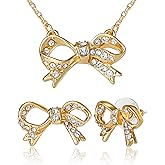 Juicy Couture Bow Jewelry Set with Stud Earrings and Necklace 18"+2", Gold-Tone with Clear Stones, Valentines Gifts for Her