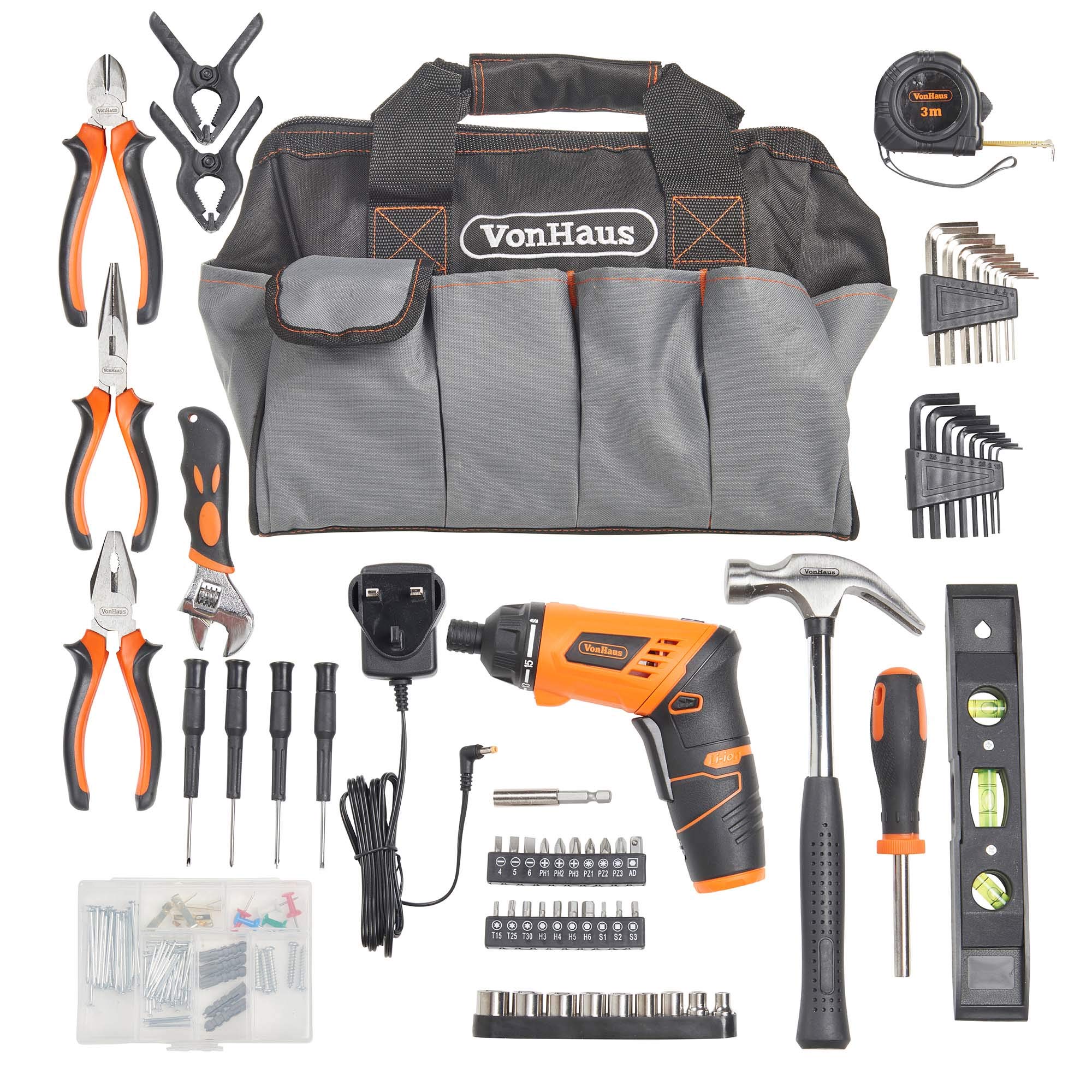 VonHaus Cordless Hand Drill and Household Tool Kit - 94pc Tool Kit for Beginners - Includes 3.6V/Cordless Lithium-ion Screwdriver - Power & Hand Tools with Drill Sets in Case