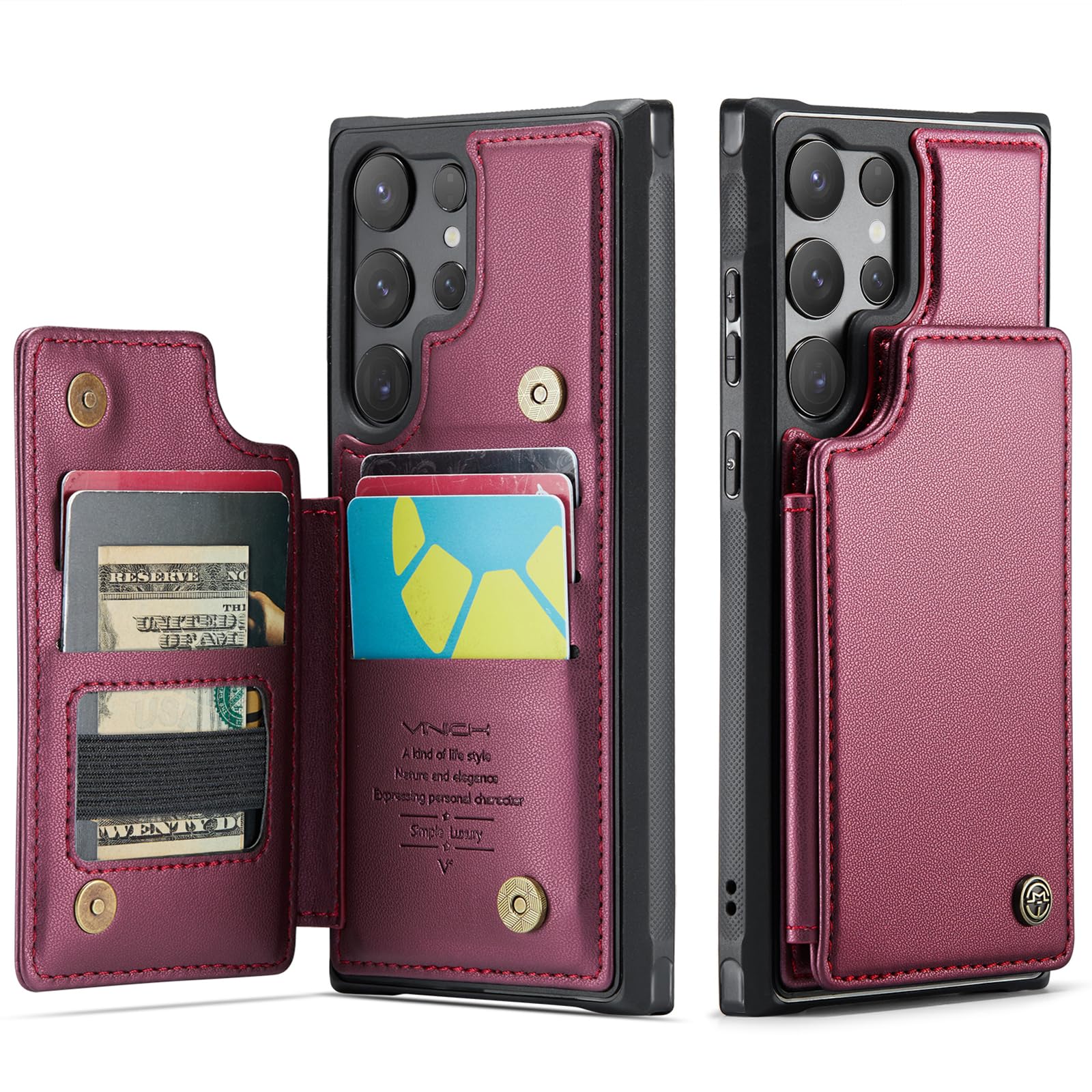 Photo 1 of Vinich for Samsung Galaxy S25 Ultra Wallet Case with Card Holder, RFID Blocking Credit Slots Kickstand Shockproof Phone Cover for Women Men, Wine Red