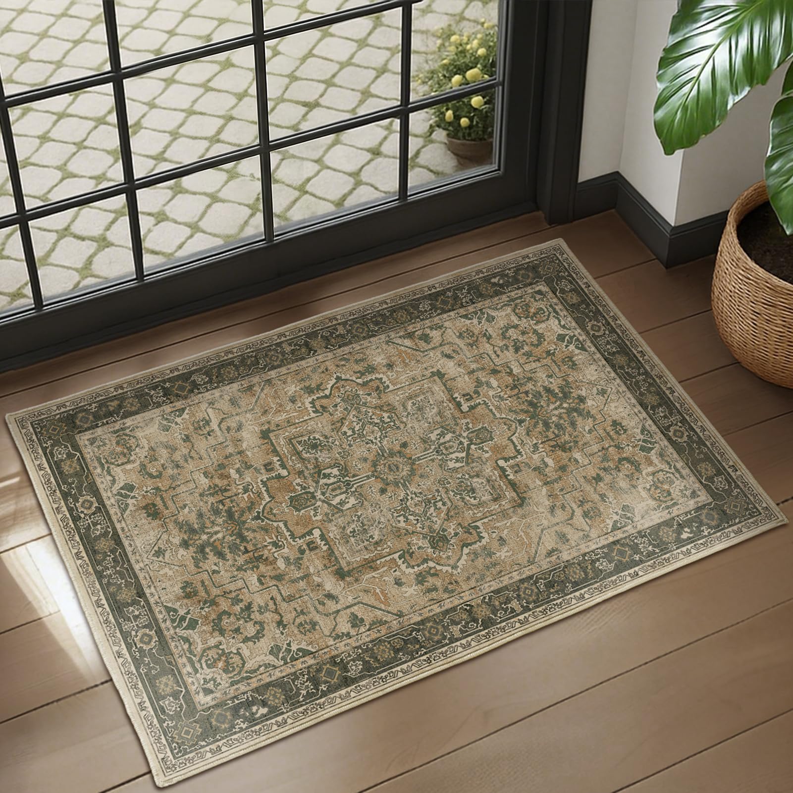 Photo 1 of Jainmy Vintage Distressed 2x3 Kitchen Rugs Washable Non Slip, Moody Medallion Door Mat Indoor Entrance Entryway, Small Low Pile Rugs for Bedroom/Bathroom Vanity/Laundry Room, Multi Brown/Slate Green