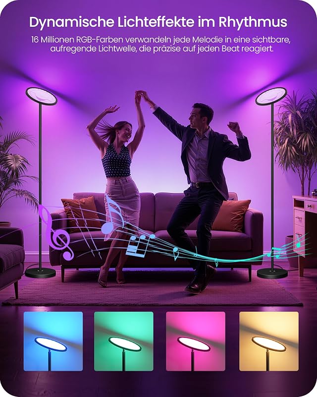 RGB Stehlampe mit APP- und Sprachsteuerung, Kompatibel mit Alexa, Musik Sync, Smarte LED Stehleuchte Schwarz, 10-100% Dimmbare WLAN Standleuchte für Wohnzimmer ZB18LDD05