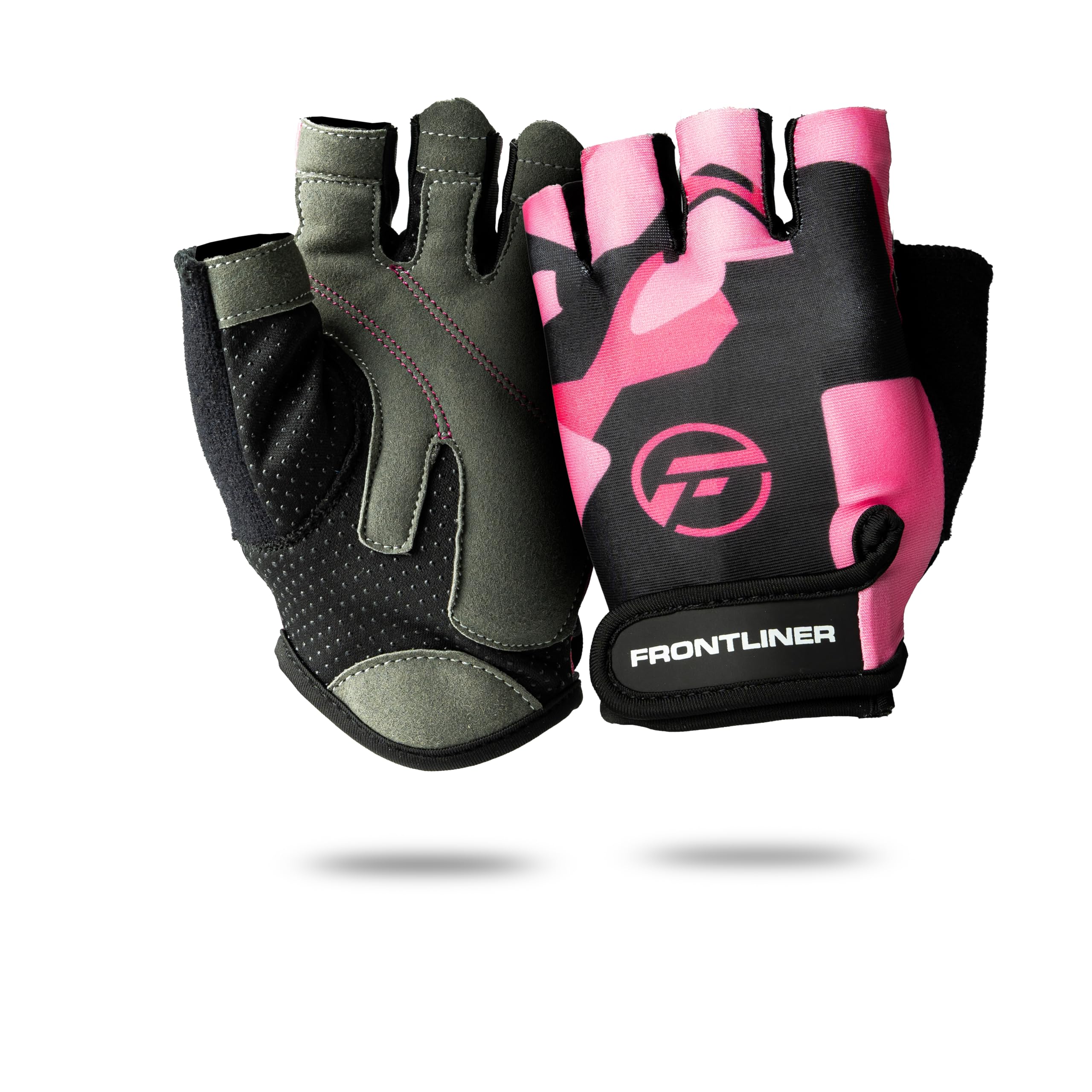 FRONTLINER Weight Lifting Gloves – Anti-Slip Padded Palm, Half-Finger Gym Gloves for Men & Women, Stretchable Fitness Gloves for Strength Training, Calisthenics, Cycling, and Workouts (Pink Camo, S)