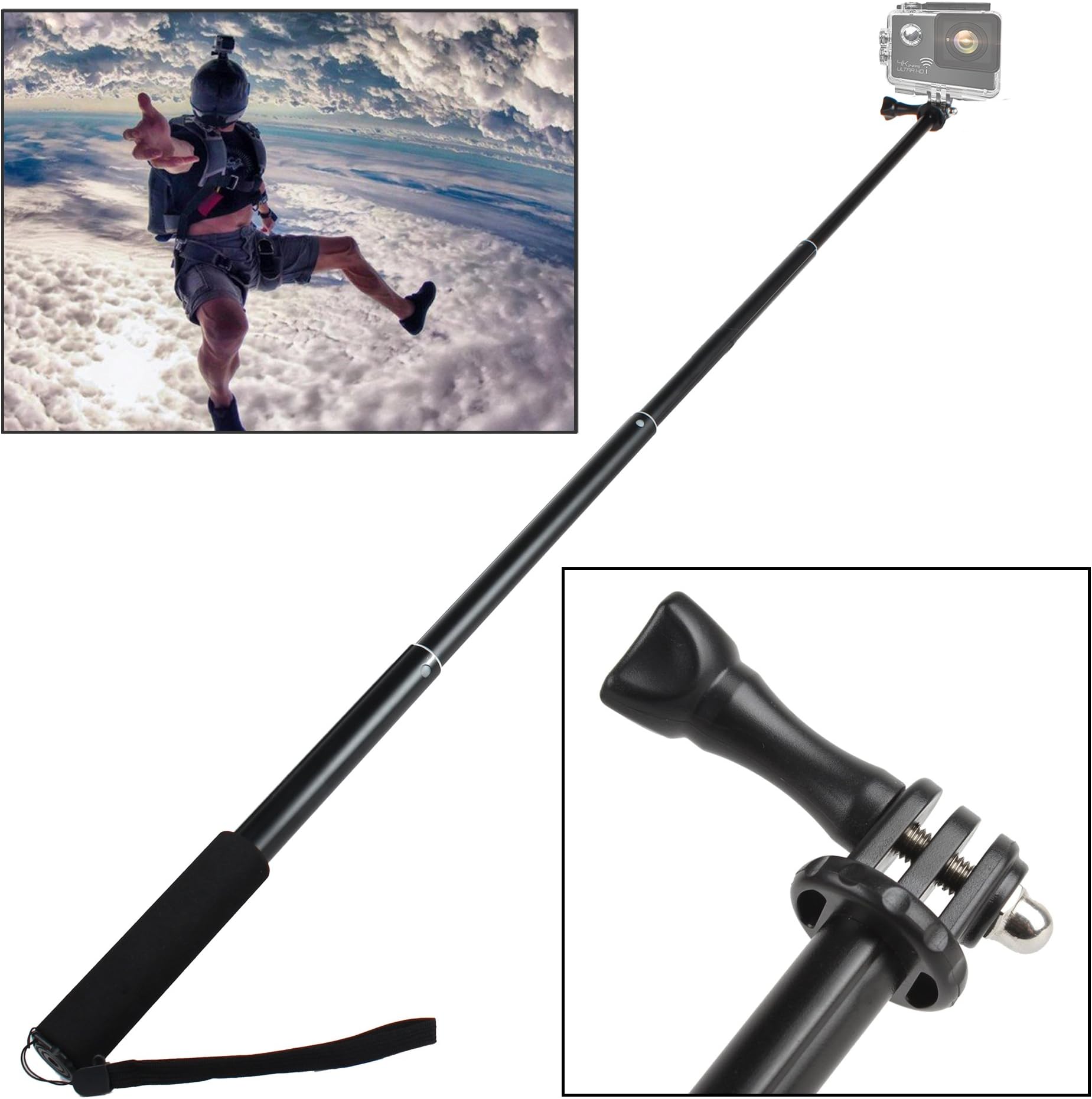 UMCORP Monopod Selfie Stick Handheld Extendable Pole with Mount Holder for Gopro Hero 4, Session, Black, Silver, Hero+ LCD, 3+, 3, 2, 1, Sj4000 and Sj5000 Cameras/Smartphone, Black