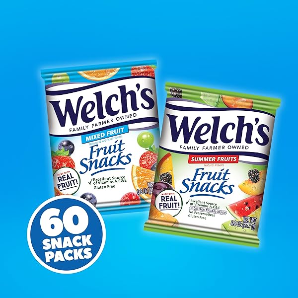 WELCH’S FRUIT SNACKS, MIXED FRUIT & SUMMER FRUITS SNACK BOX, GLUTEN FREE, 0.8OZ SNACK PACKS (PACK OF 60)