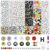 MIIIM 1200pcs 12 Styles Letter H Alphabet for Bracelets Making, 4x7mm Round Letter Beads, Vowel Beads for Friendship Bracelets Making, Numbers, Hearts in 24 Grid Box