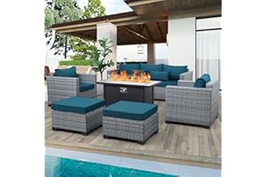 Lviden 6 Pieces Wicker Patio Furniture Sets Outdoor Conversation Set PE Rattan Sectional Sofa Couch with 45" Fire Pit Table and Peacock Blue Cushions