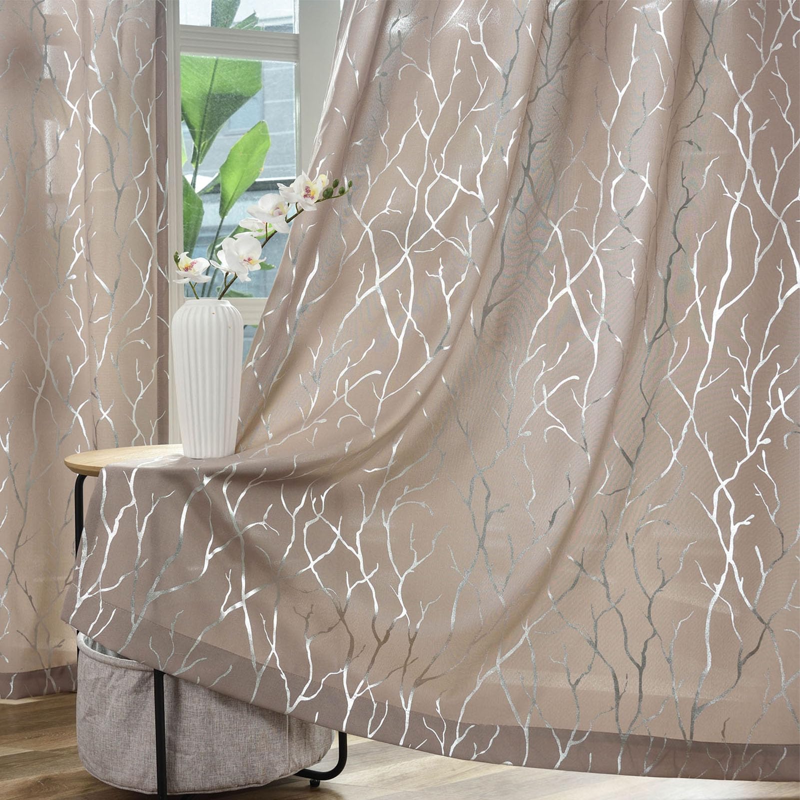 Kotile Taupe Curtains 63 Inch Length, Metallic Silver Foil Tree Branch Curtains for Bedroom, Grommet Privacy Semi-Sheer Curtains 2 Panels, 52 x 63 Inch Each, Taupe Silver — image 1