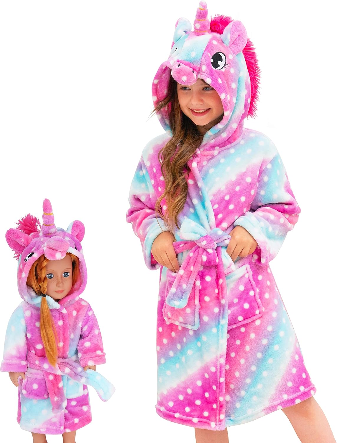 Unicorn Hooded Bathrobe Sleepwear Matching Doll & Girls Gifts (Pink