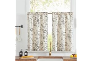 jinchan Floral Linen Tier Curtains 36 Inch Farmhouse Botanic Cafe Drapes for Small Windows Rustic Half Window Curtains for Kitchen Living Room Bathroom Laundry 2 Panels Black on Beige