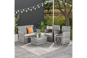 PORWEY Patio Outdoor Furniture 4 Pieces Sectional Sofa Set Balcony Furniture Wicker Rattan Chairs with Table and Loveseat for Garden, Porch, Backyard, Gray Wicker/Gray Cushion