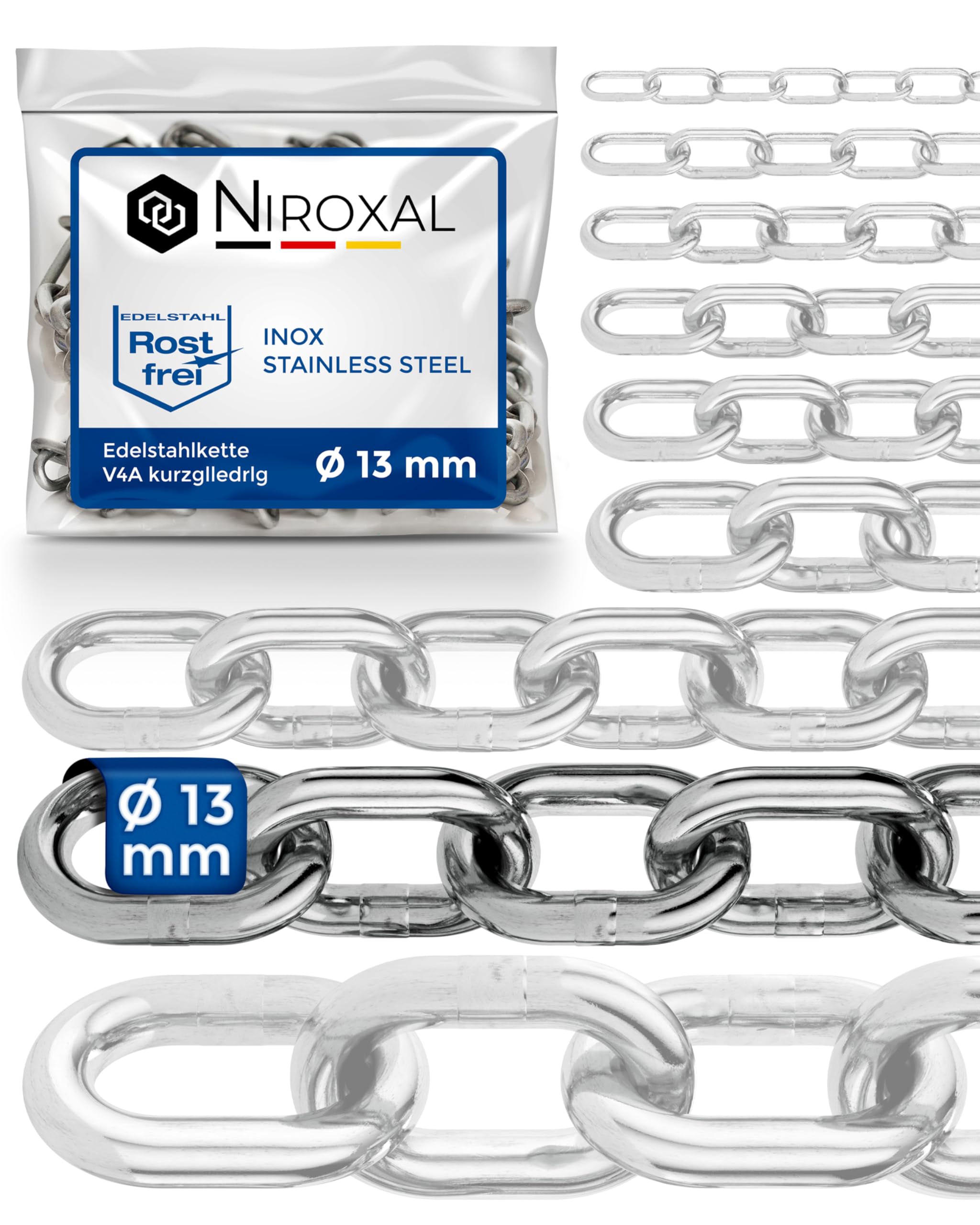 Stainless Steel Chain Short Link 316 Marine Grade A4 DIN 766 DIN 5685 13 mm Pack of 2 x 0.5 m Heavy Duty Round Link Chain Rust Resistant Outdoor Chain NietFullThings