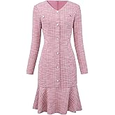 Hobemty Women's Tweed Dress 2025 Long Sleeve Wedding Cocktail Bodycon Fishtail Dresses