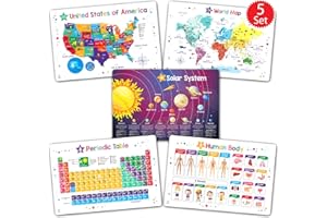 Simply Magic Discovery Set of 5 Educational Placemats for Kids - Kids Placemats Non Slip for Dining Table, Wipeable Reusable Plastic Learning Place Mats: USA, World Map, Periodic Table, Solar System
