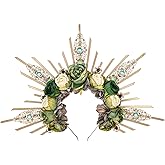 COSUCOS Renfaire Roses Halo Crown - Handmade Woodland Goddess Headpiece with Crystal Gold Sunburst Headband Spiked Green Rose Flower Tiaras for Women Fairy Renaissance Cosplay Halloween