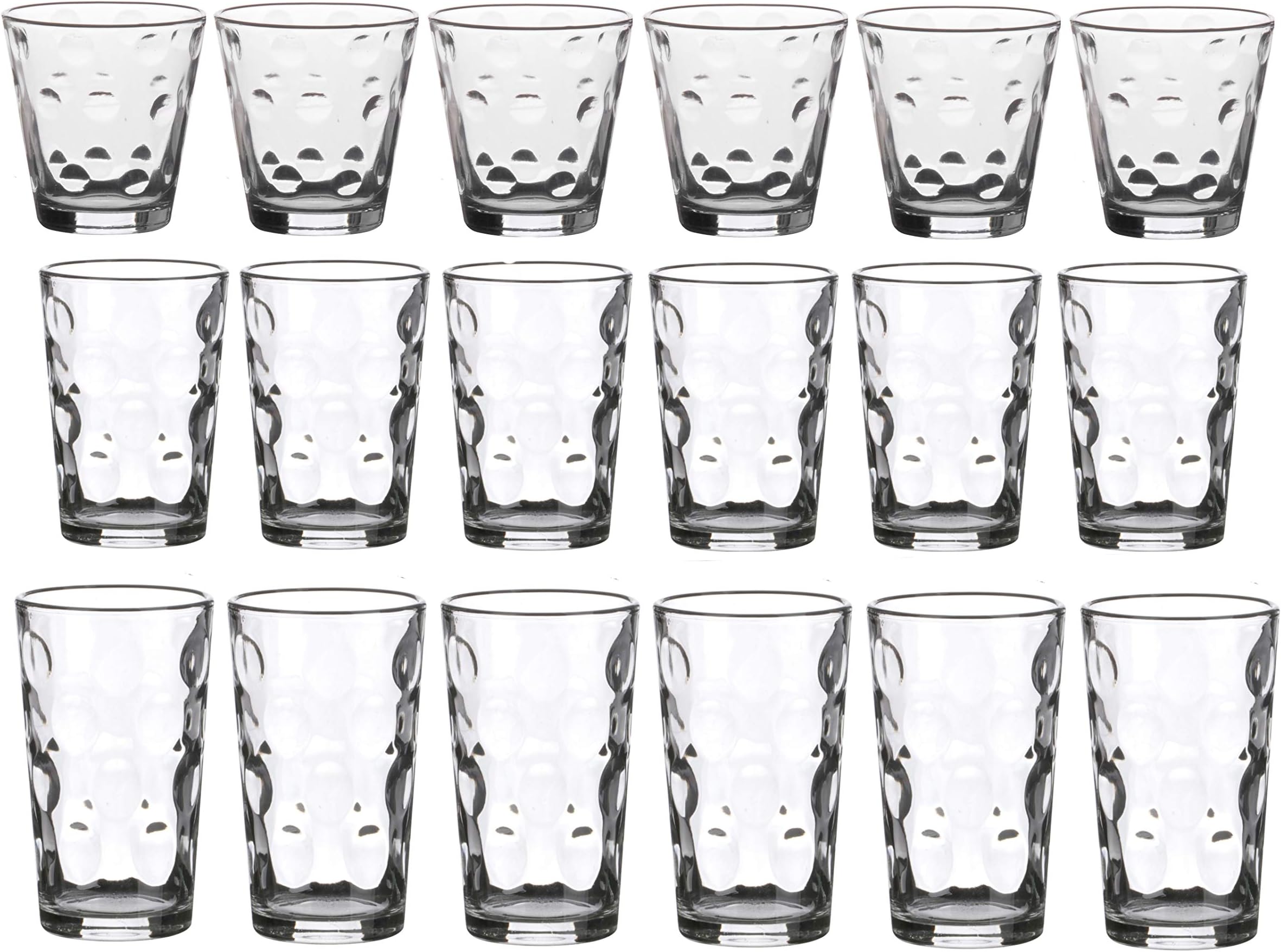 18 Piece Drinking Glassware Set, Highball, Medium and Tumblers Glassware Round Embossed Glass Tumblers Water Juice Beverages Glasses Break Resistant Tumblers Drinking Glasses Set Paris
