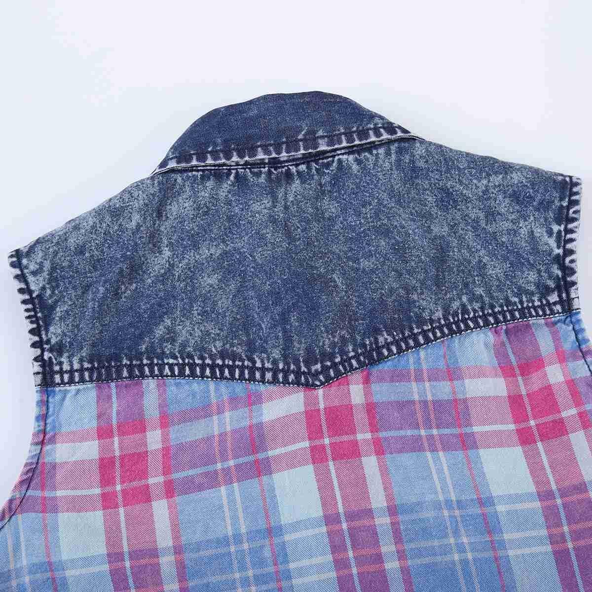 Bienzoe Girl’s Cotton Plaid Denim Sleeveless Tied Casual Blouse: Clothing