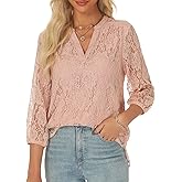 AIMCOO Lace Tops for Women 3/4 Sleeve V Neck Elegant Blouses Dressy Casual Boho Floral Business Shirts