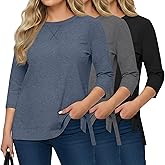 Evervibe 3 Pack Women's Plus Size 3/4 Sleeve Tops Side Slit Round Neck T-Shirt Loose Fit Casual Basic Tunic Tee