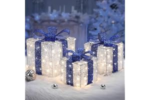 ELEGEAR Blue Christmas Decorations, Christmas Lighted Gift Boxes 140 LEDs Light Up Presents Christmas Decor, 8 Modes & Timer Function Plug-in Set of 3 Lighted Christmas Boxes for Xmas Holiday Indoor Outdoor