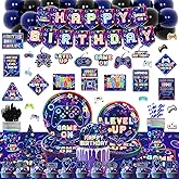 Mpanwen Video Game Party Supplies, 247Pcs Gamer Game Gaming Birthday Party Decorations Decor - Banner, Sticker, Balloons, Cake Toppers, Plates, Tablecloth, Hanging Swirls, Wall Signs Serves 16 Guests