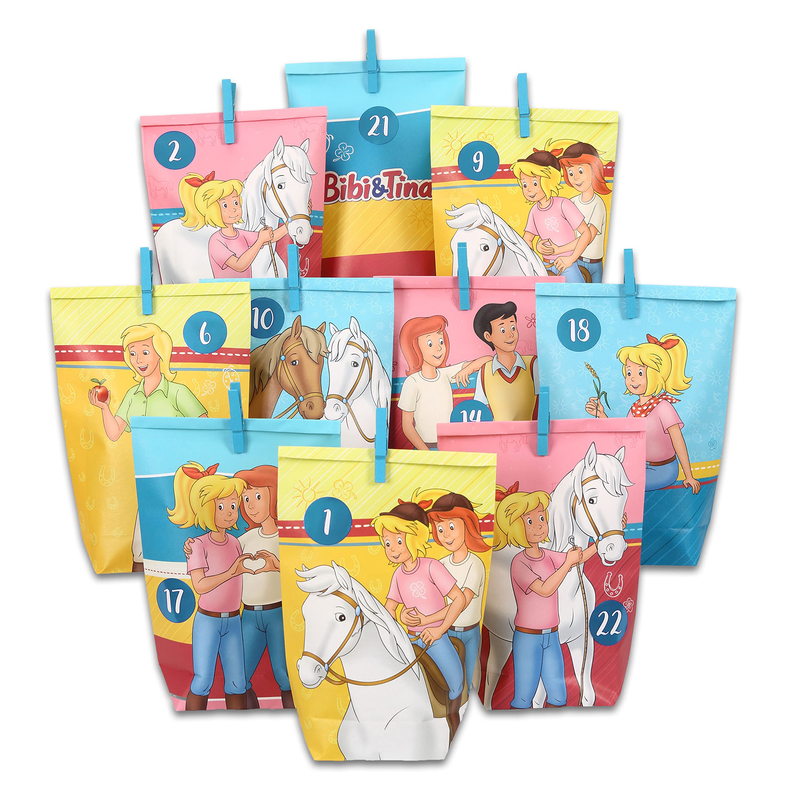 Papierdrachen Advent Calendar for Filling, 24 Colourful Printed Gift Bags and 24 Number Stickers and Clips, Bibi & Tina Motif, for Crafts and Gifting, Christmas (400-009-023)