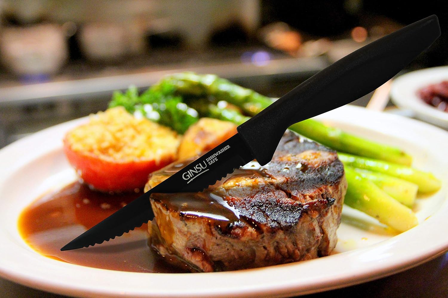 GINSU Daku Series Dishwasher Safe, Fade Resistant, Black Ceramic Coated, 6 Piece Steak Knife Set (DAK-KB-DS-006-1), 4.5 inches: Kitchen & Dining