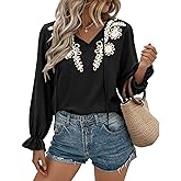 BTFBM Womens Tops Dressy Casual Fall 2025 Boho V Neck Ruffle Long Sleeve Shirts Floral Embroidered Work Business Blouses