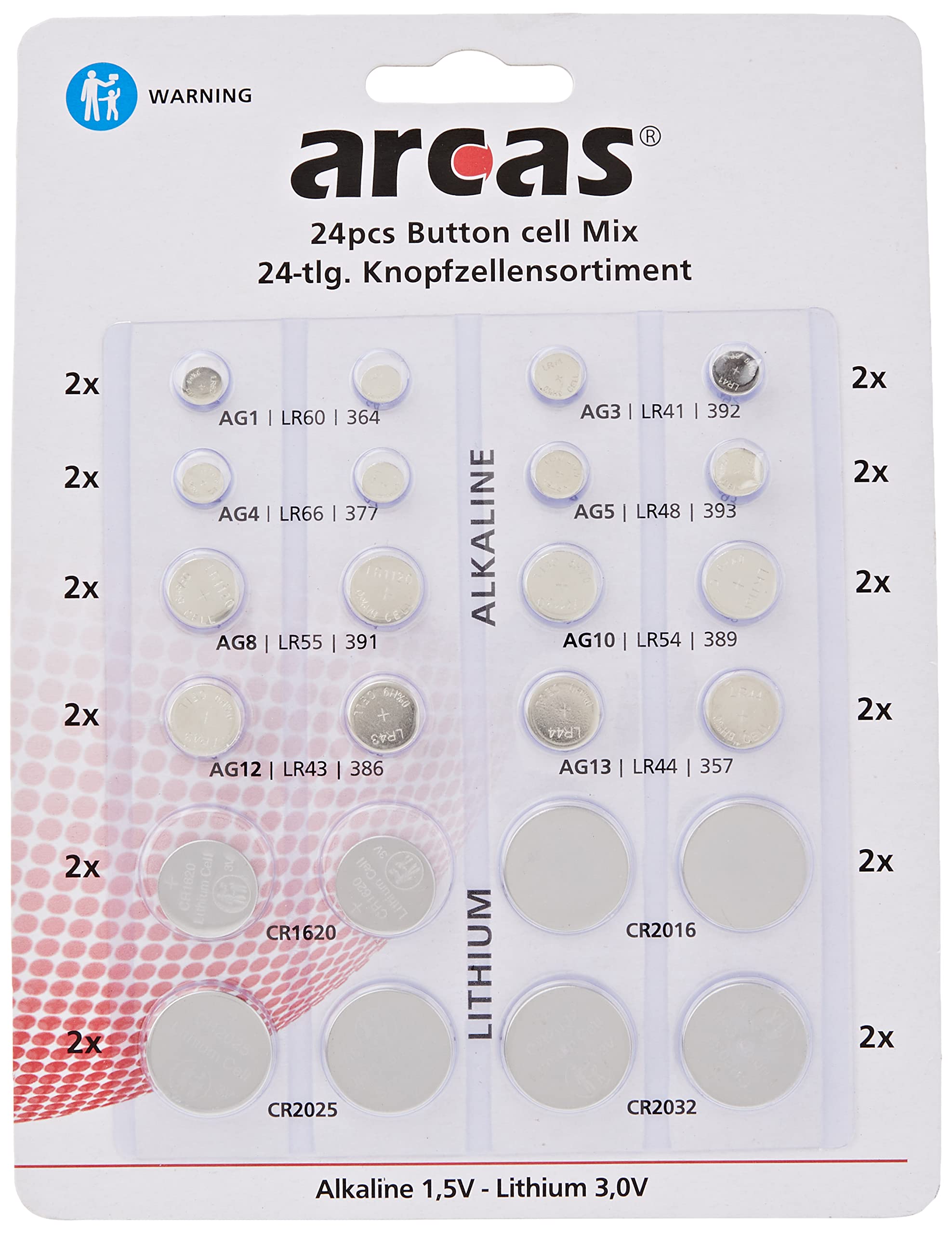 Arcas 12752400 Alkaline and Lithium Button Cell Assortment, 24 Pieces, 16 x Alkaline and 8 x Lithium, Ideal for Watches, Calculators, Toys and Key Lights