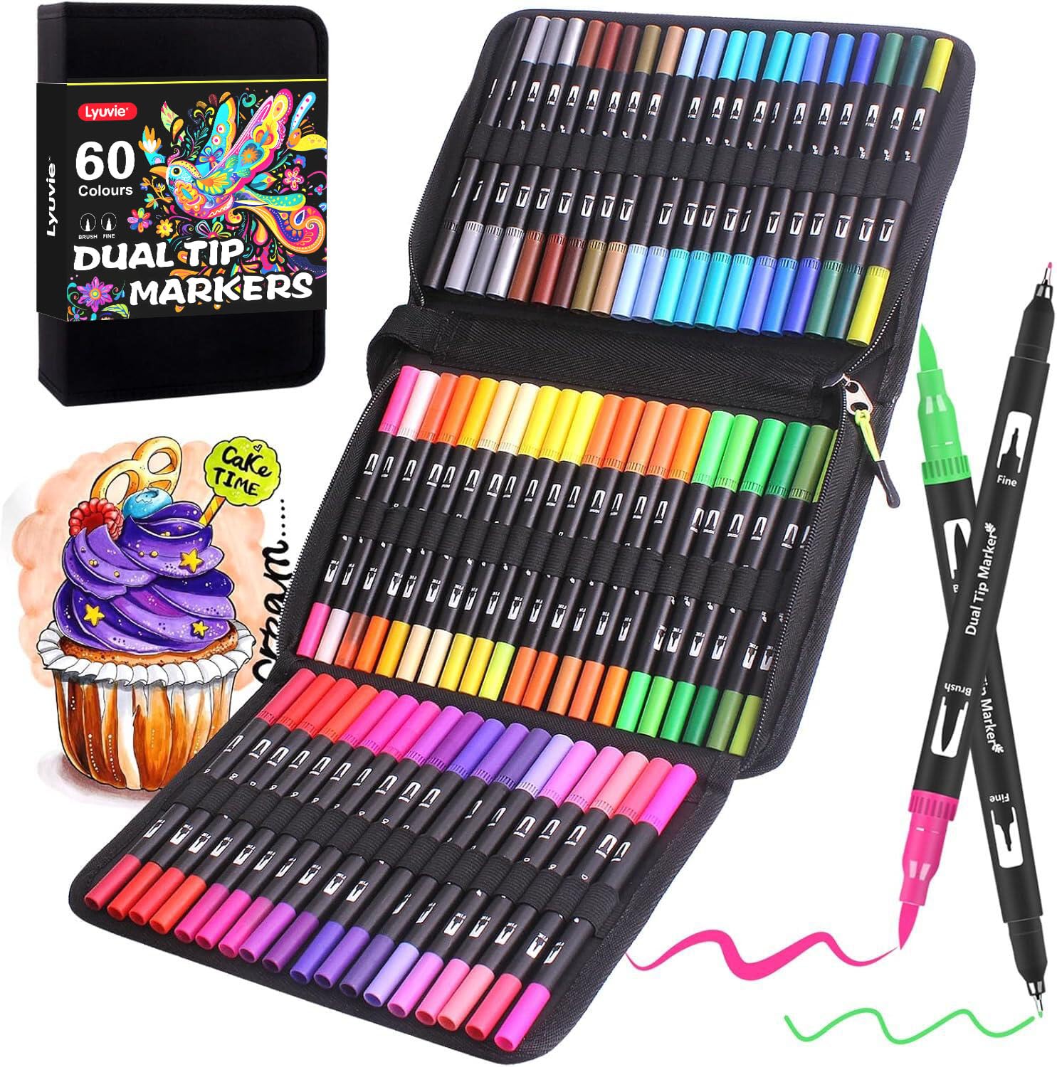 Lyuvie Colouring Pens, 60 Dual Tip Brush Markers with for Adults,Felt BrushTip Markers Fineline Coloured Pens with Case for Drawing,Colouring,Sketching,Easter,Christmas
