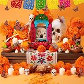 Chunful 28 Pcs Dia De Los Muertos Ofrenda Altar Decorations | Day of The Dead Altar Kit: Wooden Shadow Box and Felt Picado Banner, Marigold Butterfly LED Candles DIY Painting Tools