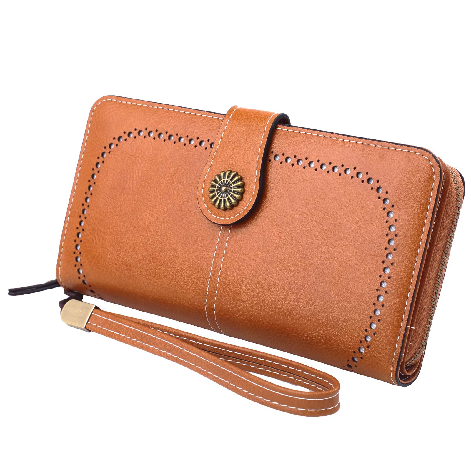 HXT-OAK Women's Long Cutout Wallet in PU Leather with Sunflower Trim and Detachable Hand Strap with 13 Card Slots to Hold Phones up to 6.7" Brown