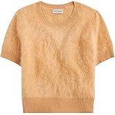 Tiko Miko Women's Furry Cropped Sweater Short Sleeve Soft Fuzzy Sweater T Shirt Loose Casual Knit Pullover(0585-Khaki-XS)