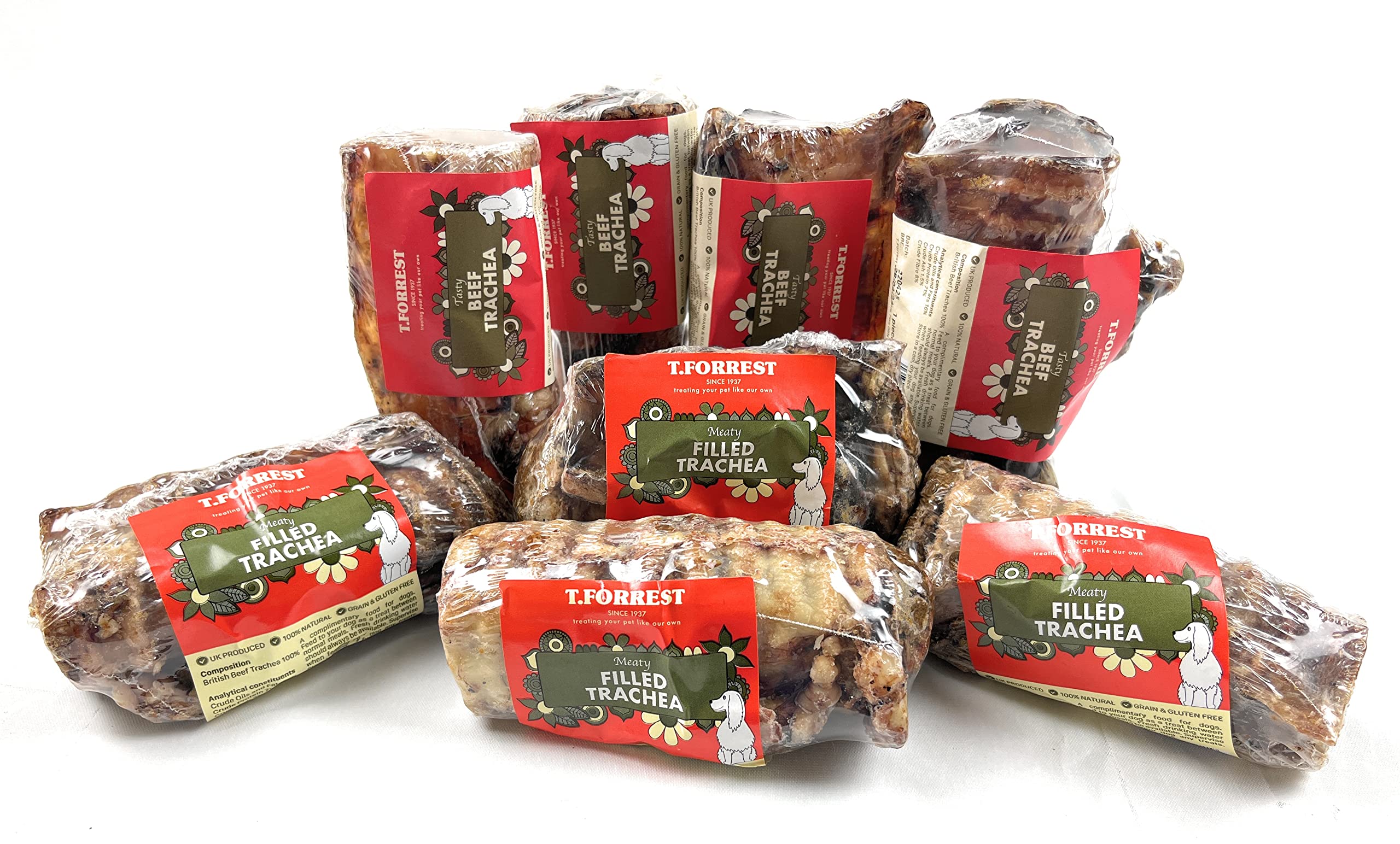 T forrest 8 x 100% Natural, Air Dried Mixed Dog Treats, 4 x Meat Filled Tracheas, 4 x Beef Tracheas (unfilled) - Produced in UK